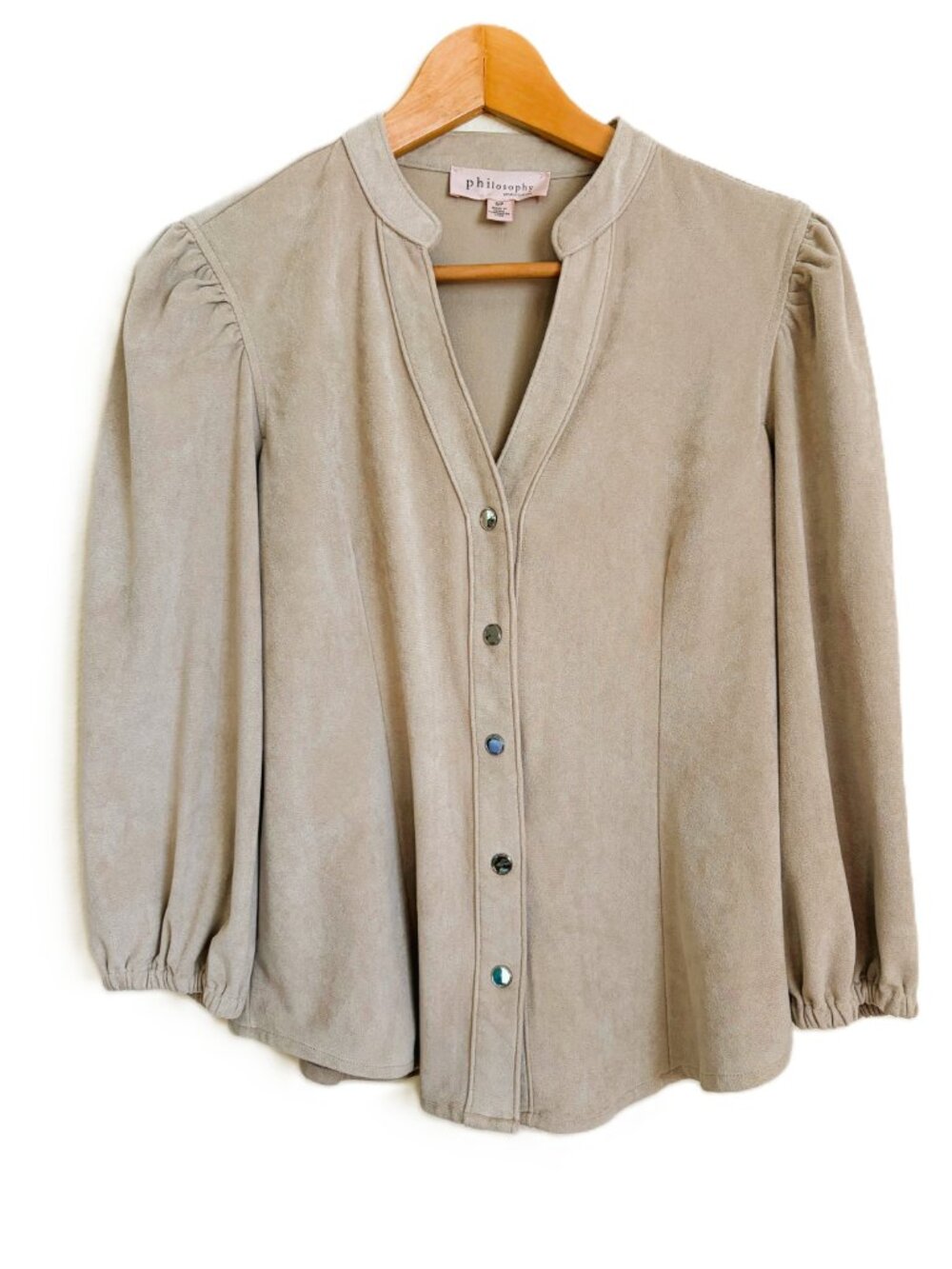 Philosophy Vegan Suede Button Front Shirt – Bisque Tan – Size S – NWOT